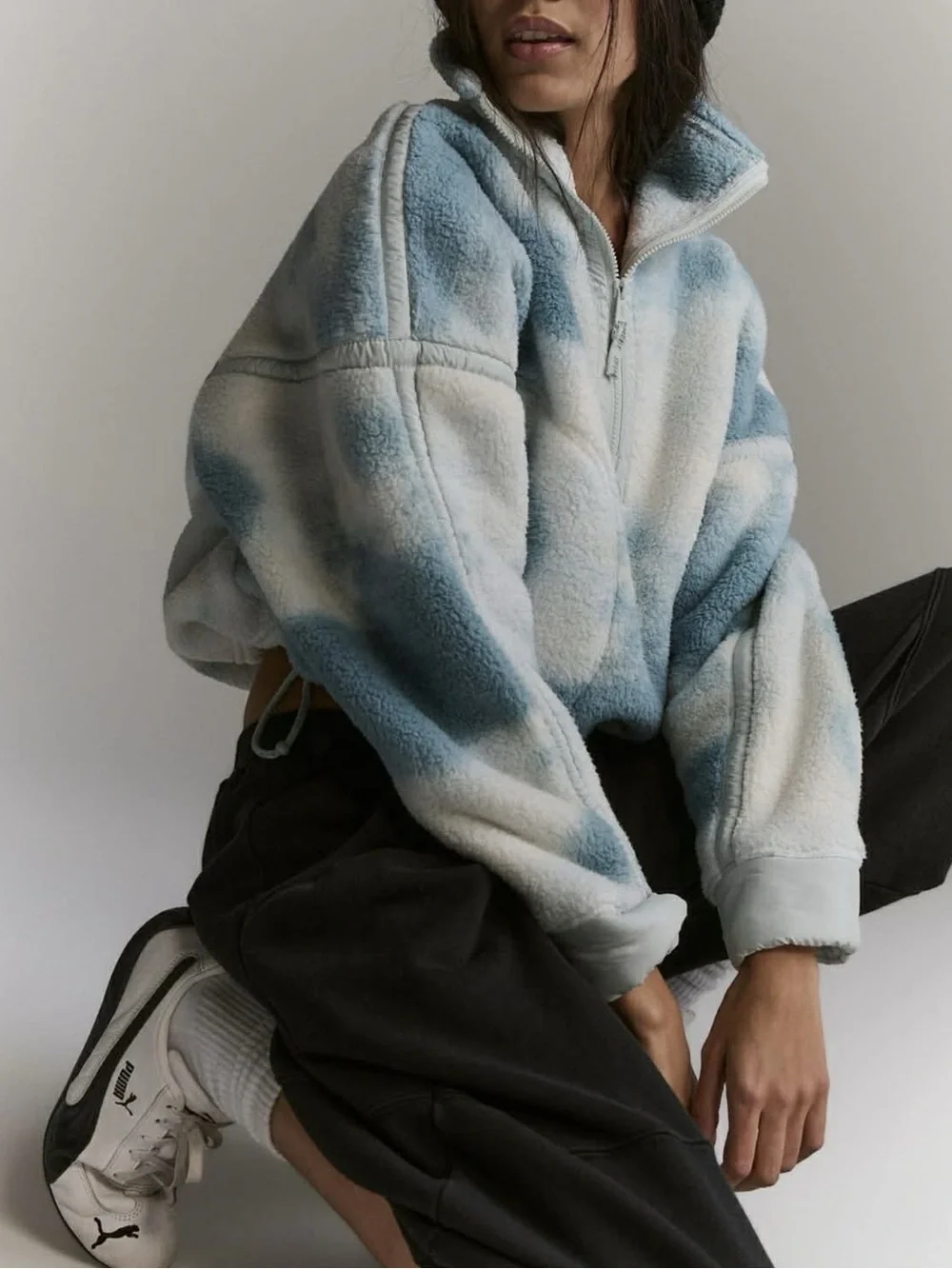 NWT Free People Mountain High Fleece Pullover Jacket Watercolor Blue Grey Combo